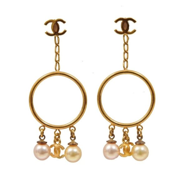 Chanel Womens Vintage CC Logo Gold Pink White Pearl Hoop Drop Dangle Earrings - Picture 1 of 9